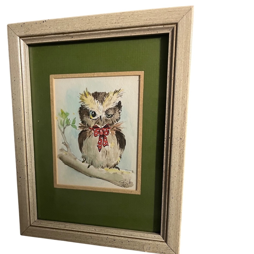 Watercolor Owl Framed matted Signed Jolene Brown . 70s